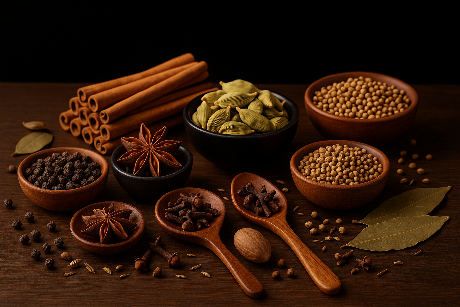 whole spices products in a table,background black and neet